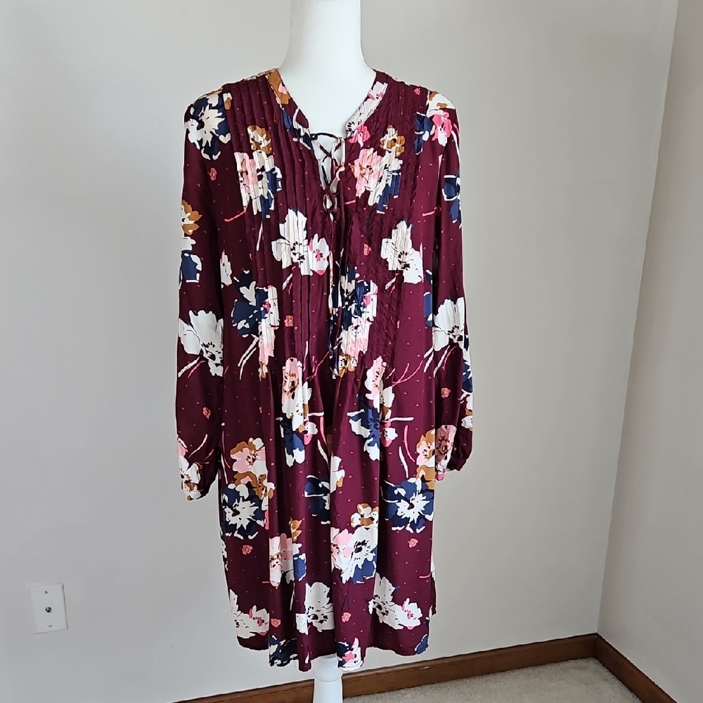 Old Navy Lace Up Bodice Floral Swing Dress Burgundy Pintucks Cottage Boho XL